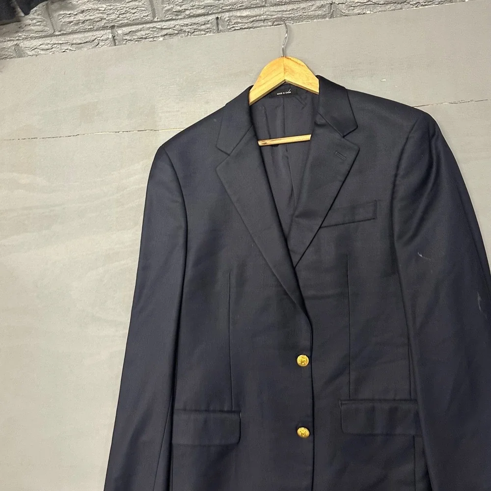 Lauren Ralph Lauren Mens 40L Navy Blue 100% Wool Gold Button Blazer Jacket